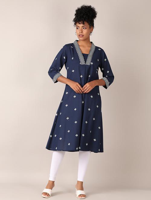 women blue printed v neck a-line kurta - 21627486 - Very Small Image - 1