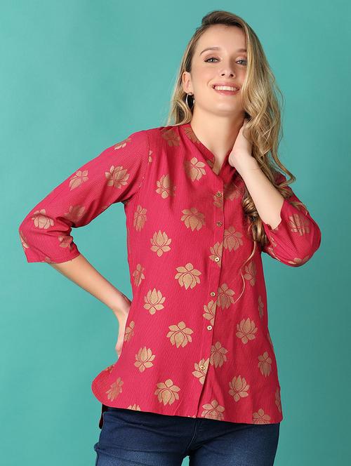 women foil print mandarin neck high low top - 21627520 - Very Small Image - 1