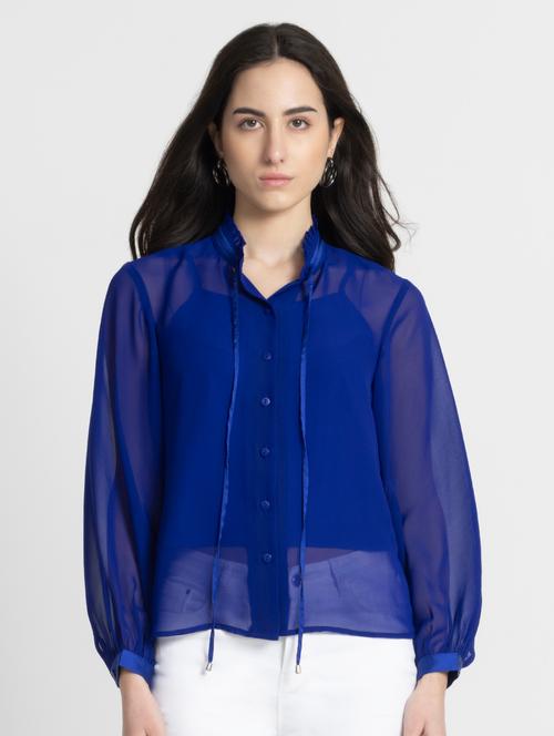 women blue solid long sleeve shirt top - 21627538 - Very Small Image - 1