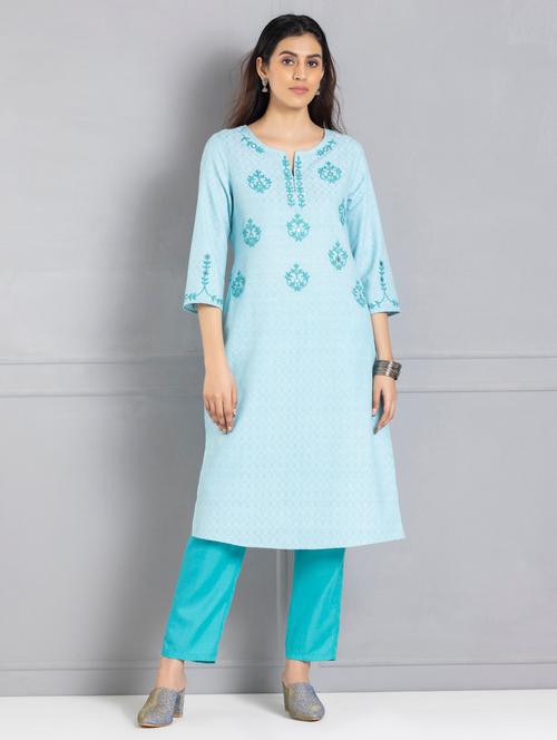 women light blue embroidered straight kurta - 21627579 - Very Small Image - 1