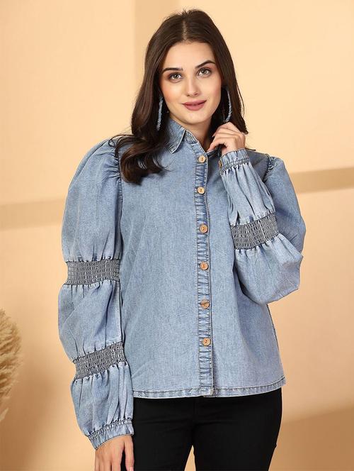 women solid collared puff sleeve shirt - 21628324 - Very Small Image - 1