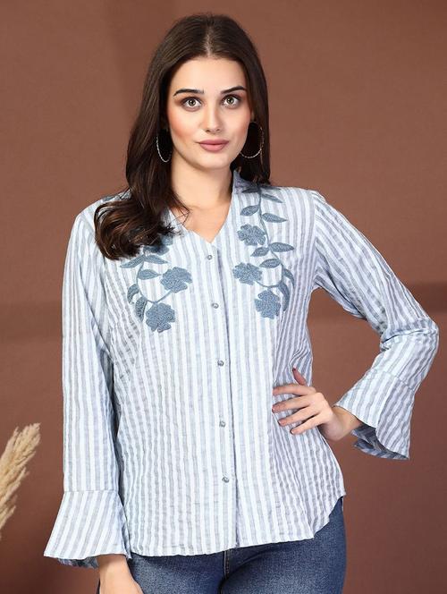 women striped yoke embroidered bell sleeve shirt - 21628325 - Very Small Image - 1
