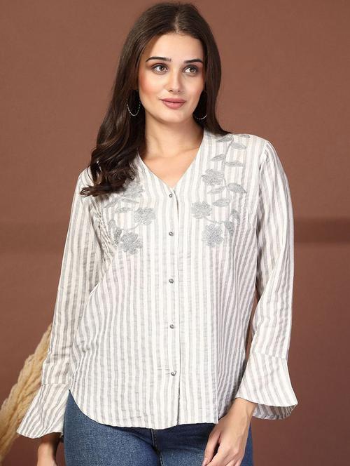 women striped yoke embroidered bell sleeve shirt - 21628326 - Very Small Image - 1