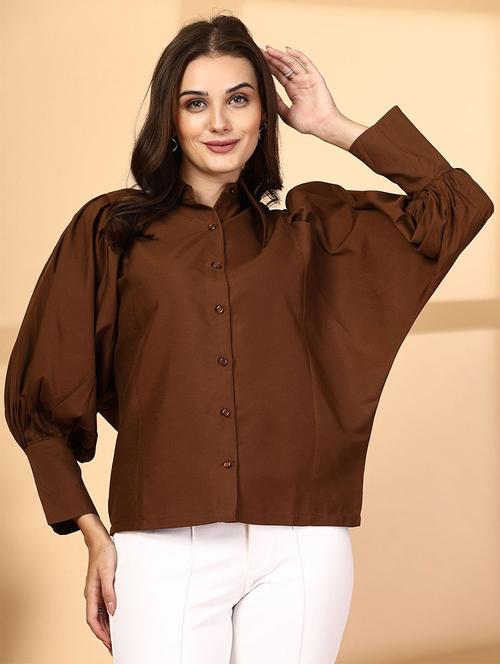 women solid collared puff sleeve shirt - 21628330 - Very Small Image - 1