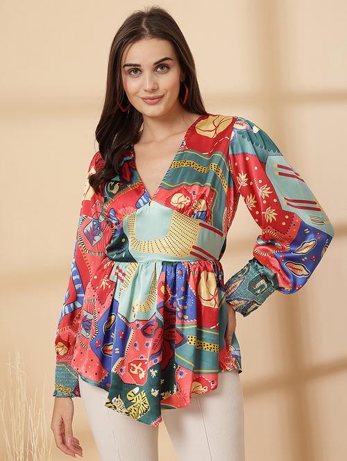 women printed puff sleeve asymmetric top - 21628374 - Very Small Image - 1