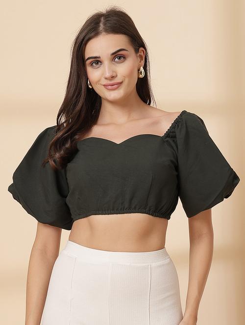 women solid puff sleeve crop top - 21628376 - Very Small Image - 1