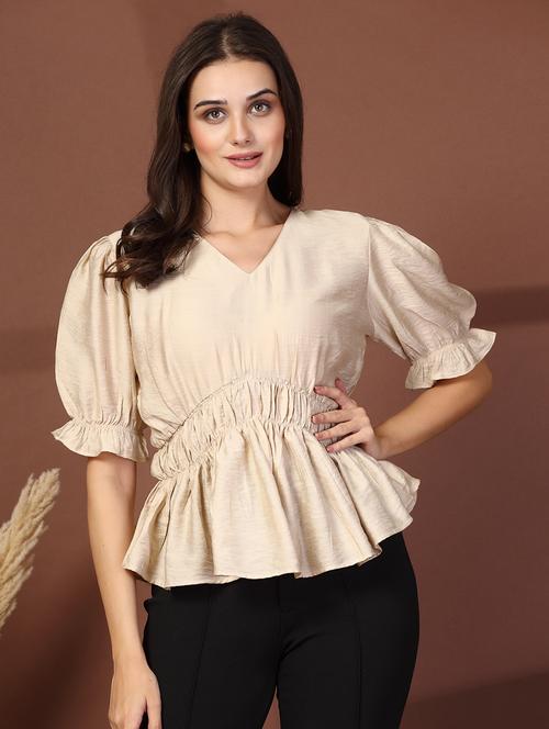 women solid puff sleeve peplum top - 21628380 - Very Small Image - 1