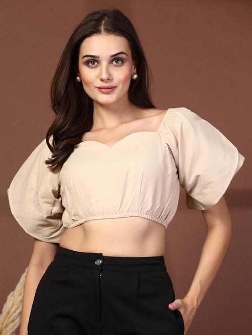 women solid puff sleeve crop top - 21628384 - Very Small Image - 1