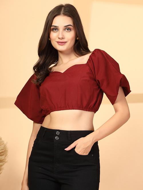 women solid puff sleeve crop top - 21628385 - Very Small Image - 1