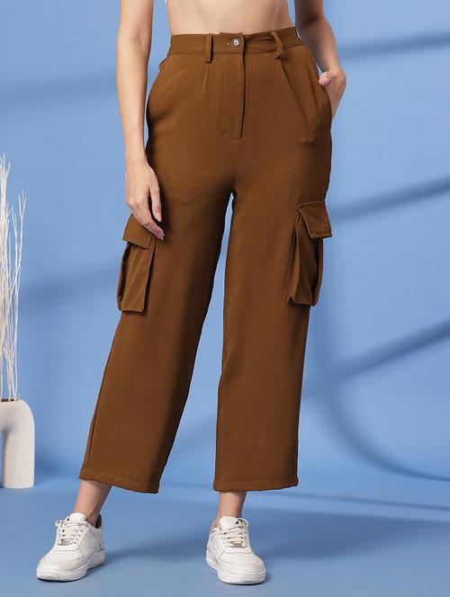 women solid high rise relaxed fit cargo - 21628390 - Very Small Image - 1