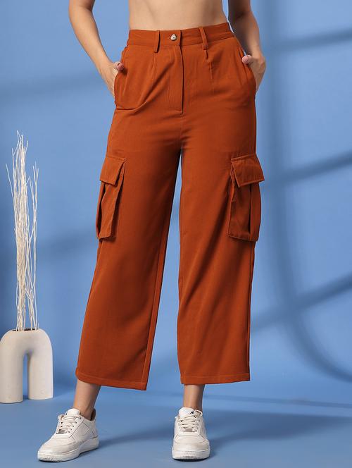 women solid high rise relaxed fit cargo - 21628391 - Very Small Image - 1
