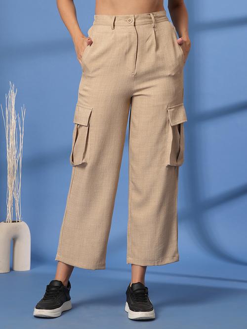 women solid high rise relaxed fit cargo - 21628394 - Very Small Image - 1