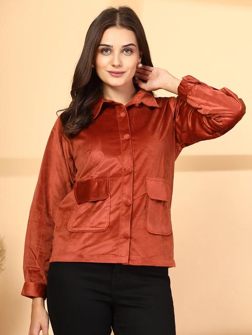 women solid collared velvet regular jacket - 21628415 - Very Small Image - 1