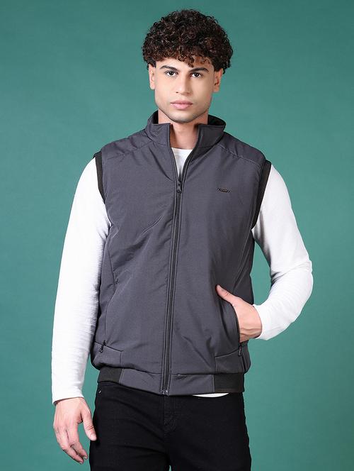 men grey solid sleeveless bomber jacket - 21628962 - Very Small Image - 1