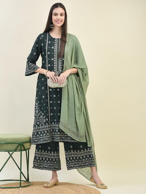 women three quarter sleeve kurta palazzo with dupatta set - 21629689 - Very Small Image - 1