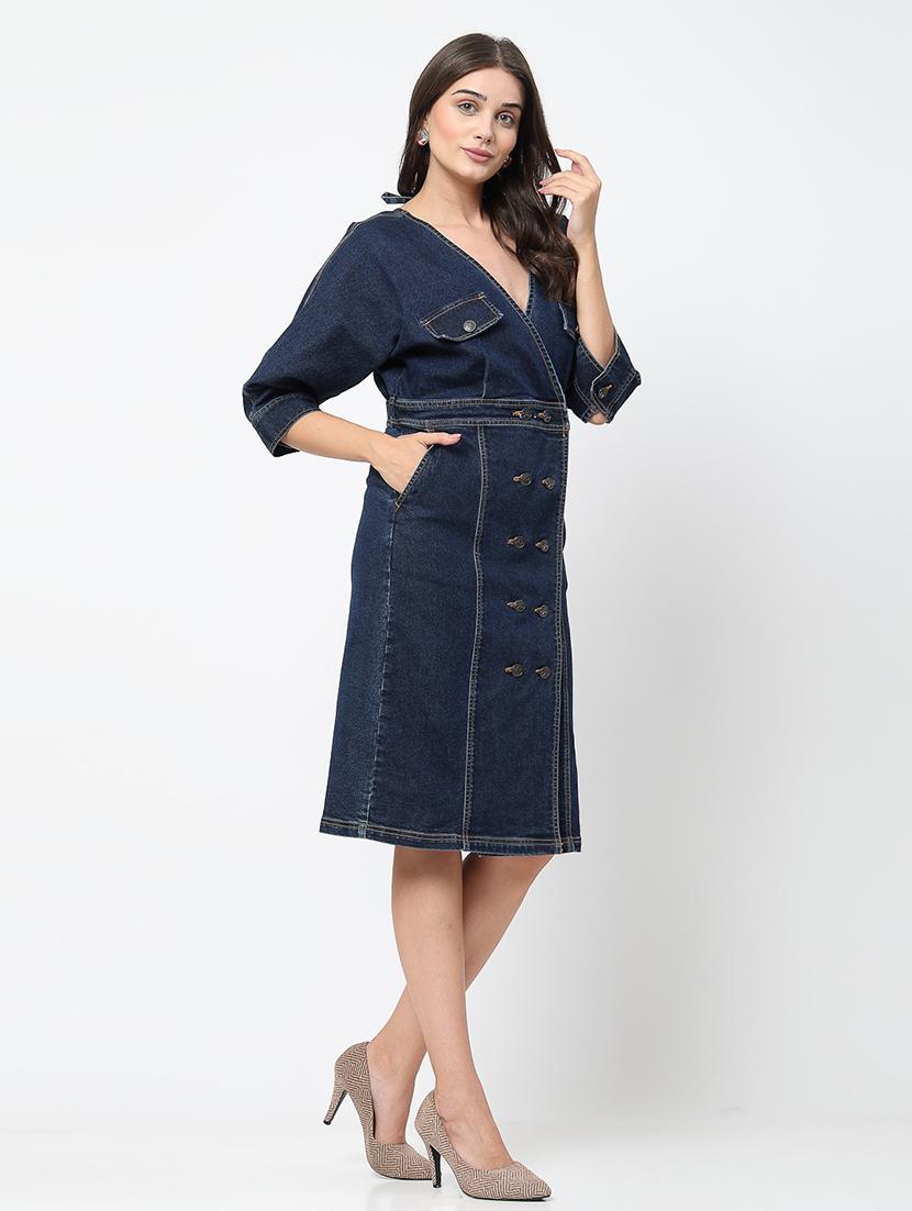 women navy blue denim a-line dress - 21630124 - Standard Image - 2