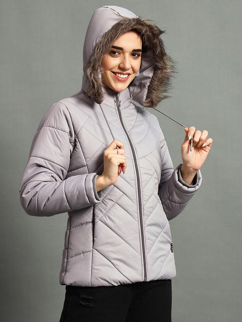 women solid fur hood quilted jacket - 21630374 - Very Small Image - 1