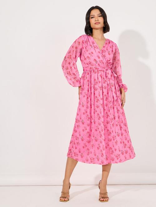 women overlap neck floral printed a-line dress - 21631996 - Very Small Image - 1