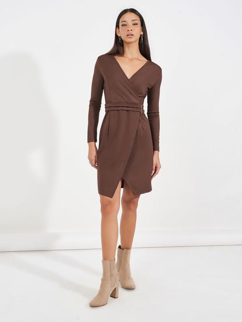 women overlap neck solid wrap dress - 21631998 - Very Small Image - 1