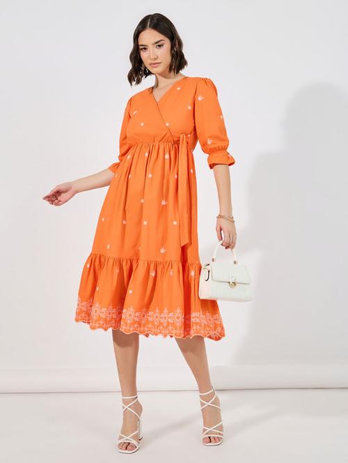 women orange embroidered tiered dress - 21632002 - Very Small Image - 1
