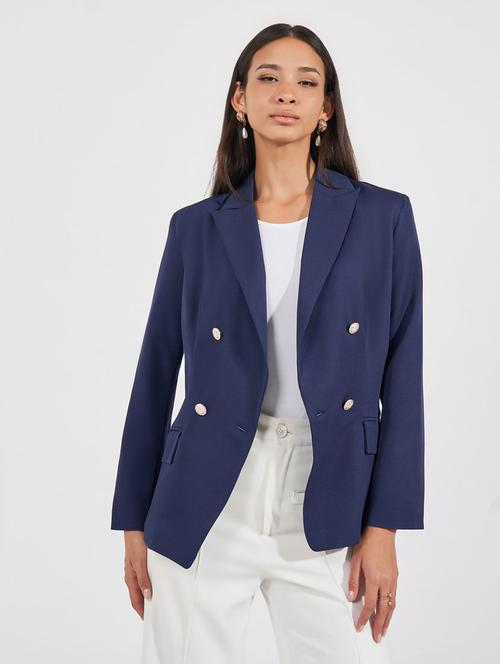 women navy blue solid long sleeve casual blazer - 21632043 - Very Small Image - 1