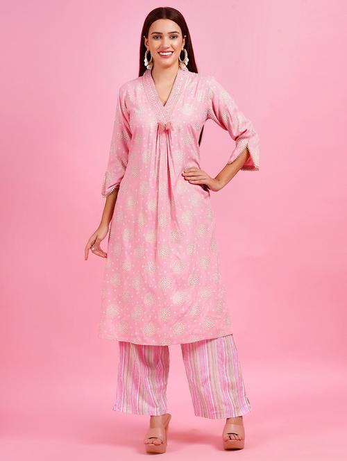 women pink printed kurta palazzo set  - 21632398 - Very Small Image - 1