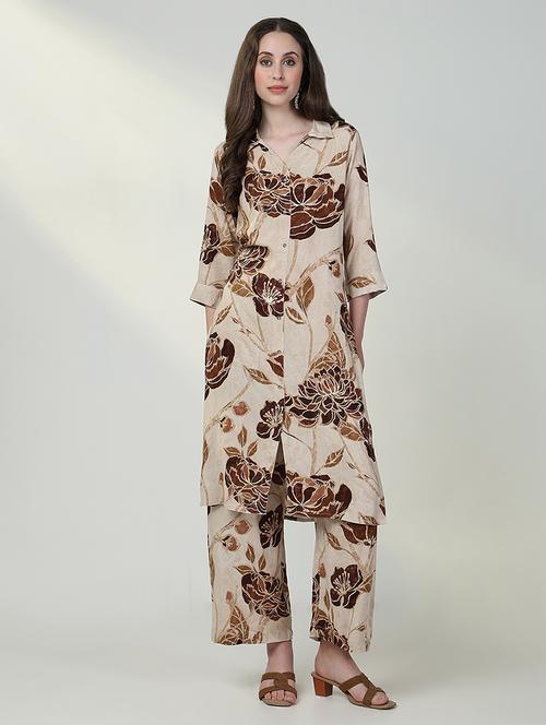 women beige floral kurta palazzo set  - 21632696 - Very Small Image - 1