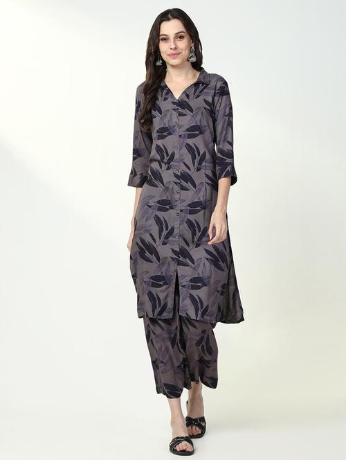 grey printed three quarter seeve kurta pant set - 21632702 - Very Small Image - 1
