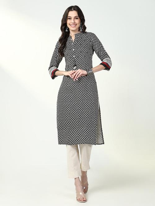 women black printed three quarter sleeve straight kurta - 21632740 - Very Small Image - 1