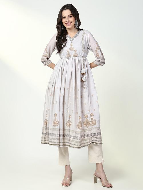women off white printed three quarter sleeve anarkali kurta - 21632746 - Very Small Image - 1