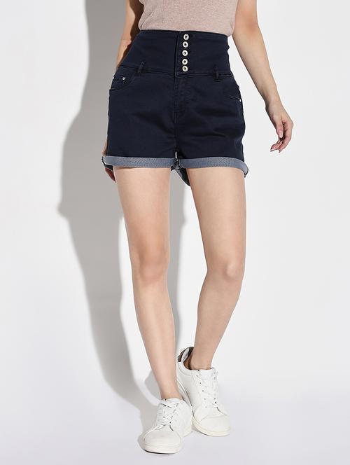 women solid high rise denim shorts - 21632770 - Very Small Image - 1
