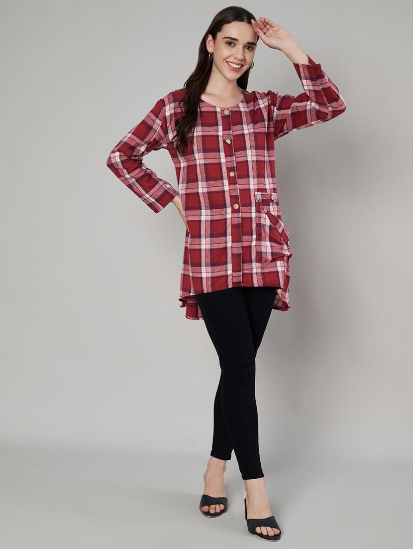 women maroon checks long sleeve shirt top - 21632802 - Zoom Image - 4