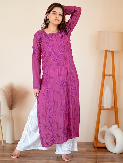 women purple chikankari work side slit kurta - 21634082 - Very Small Image - 1