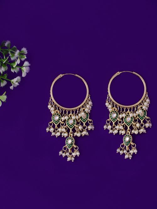 gold plated kundan & pearl work hoop earrings - 21635019 - Very Small Image - 1