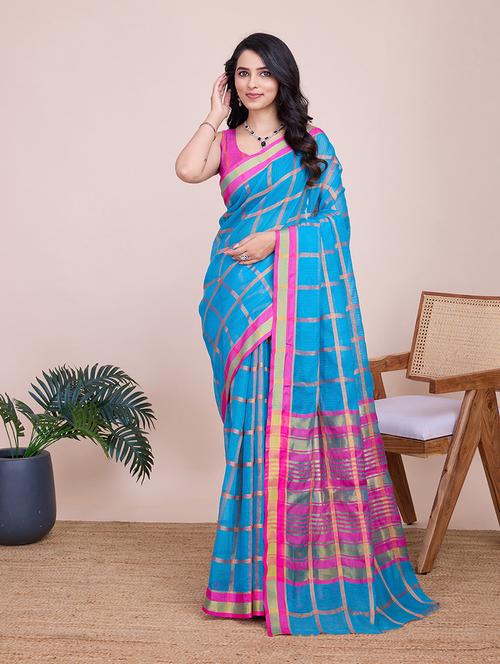 women blue kota doria saree with blouse - 21635127 - Very Small Image - 1