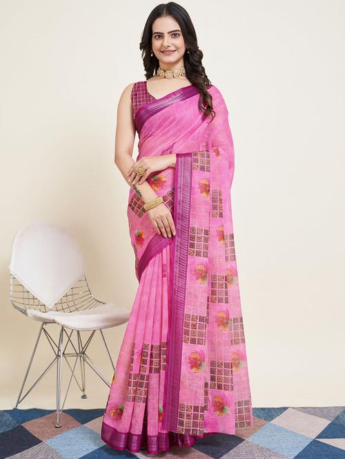 women pink printed saree with blouse - 21635264 - Very Small Image - 1