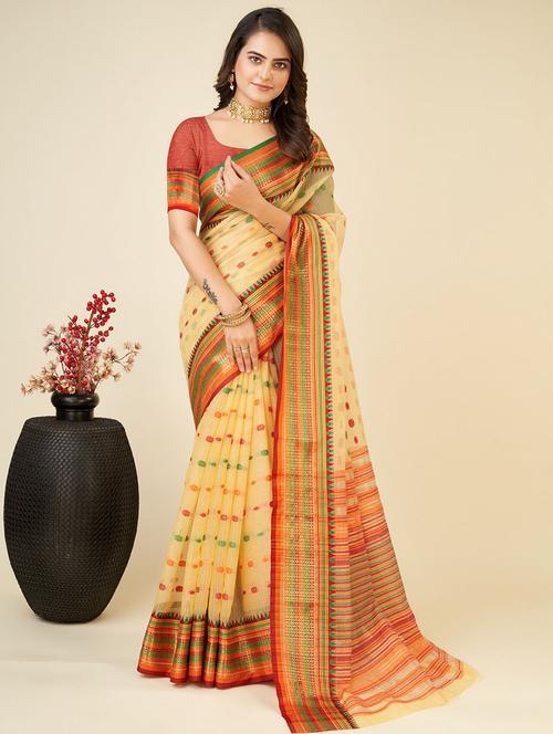 women yellow kota doria saree with blouse - 21635272 - Very Small Image - 1
