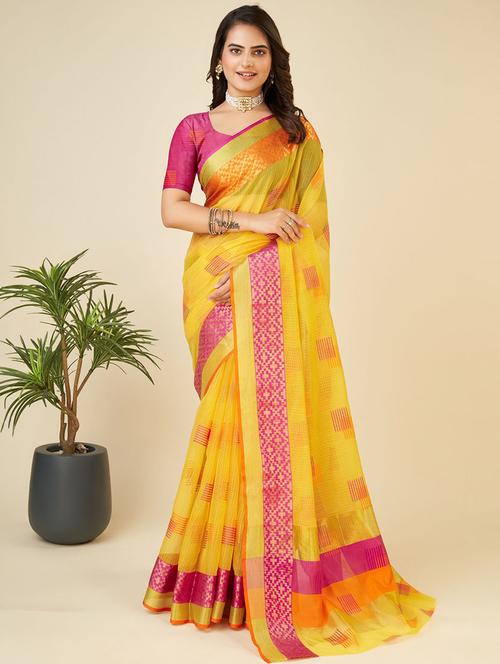 women yellow kota doria saree with blouse - 21635315 - Very Small Image - 1