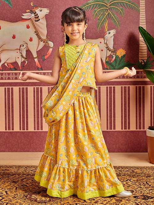 girls mustard floral printed ready to wear saree - 21636517 - Very Small Image - 1