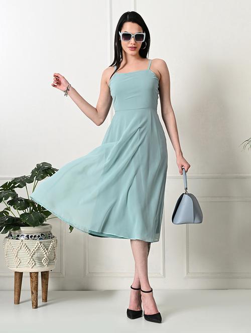 women solid shoulder strap fit & flare dress - 21636529 - Very Small Image - 1