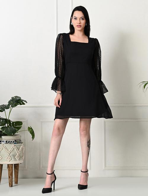 women solid puff sleeves a-line dress - 21636534 - Very Small Image - 1
