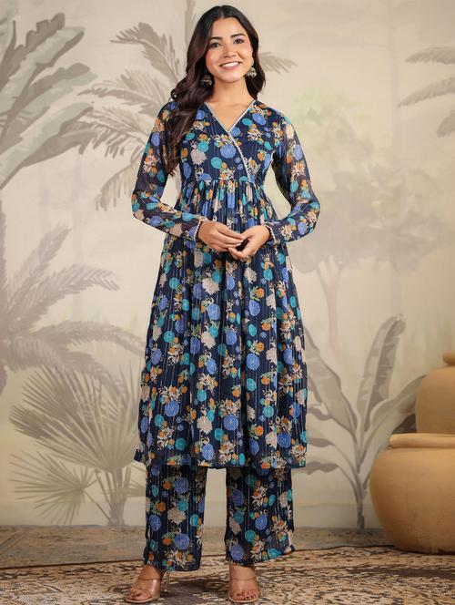 women navy blue floral printed kurta pant set - 21638173 - Very Small Image - 1