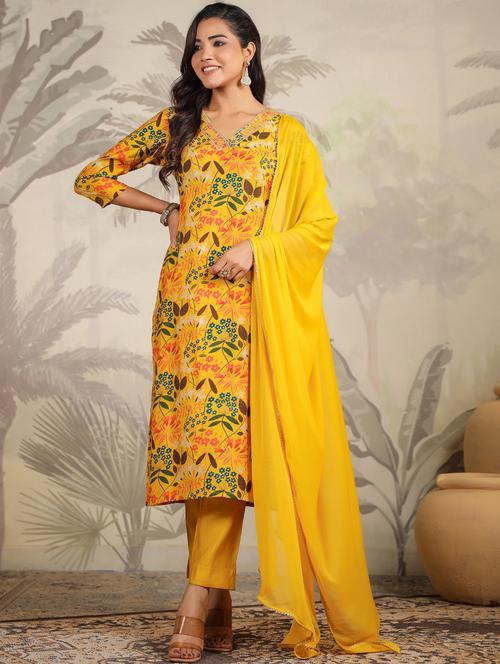 women mustard floral printed suit set - 21638176 - Very Small Image - 1