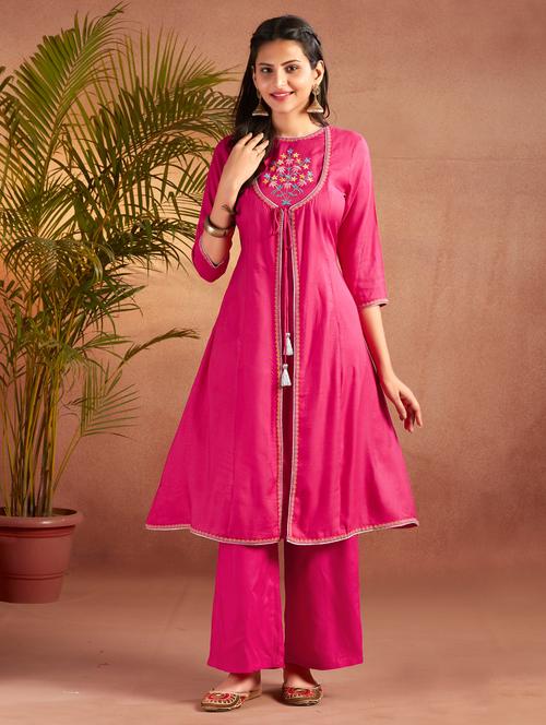 women pink embroidered kurta palazzo set  - 21638544 - Very Small Image - 1