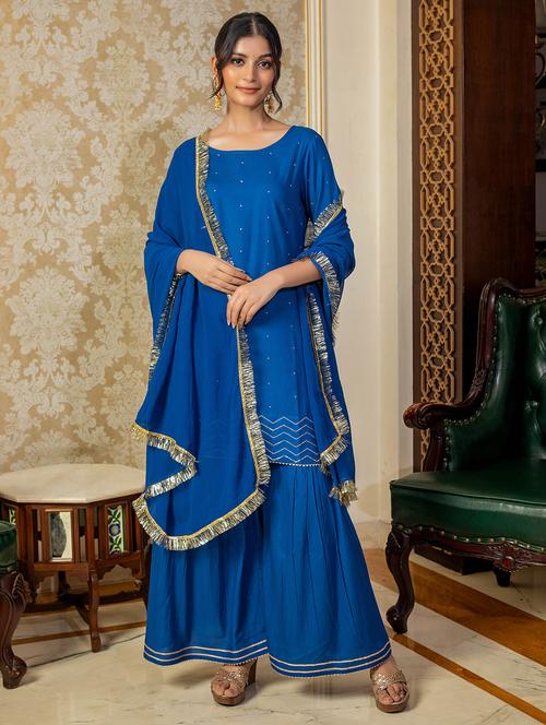 women blue round neck kurta sharara set - 21638551 - Very Small Image - 1