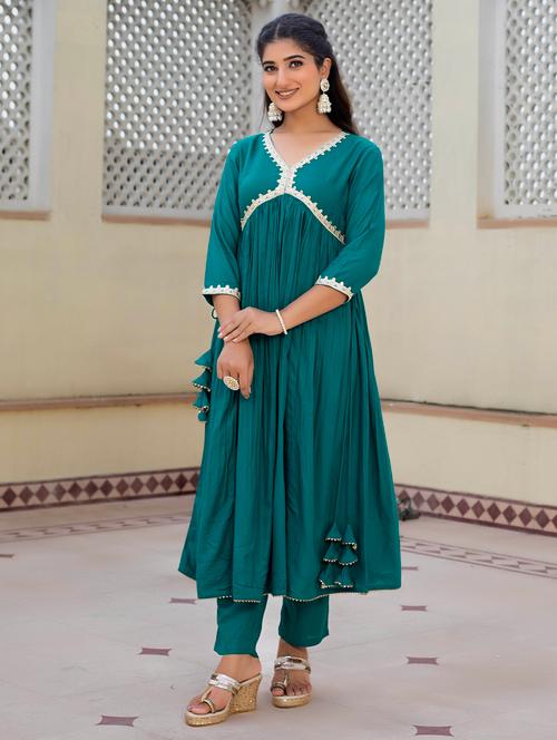 women green three quarter sleeve kurta pant set - 21638552 - Very Small Image - 1