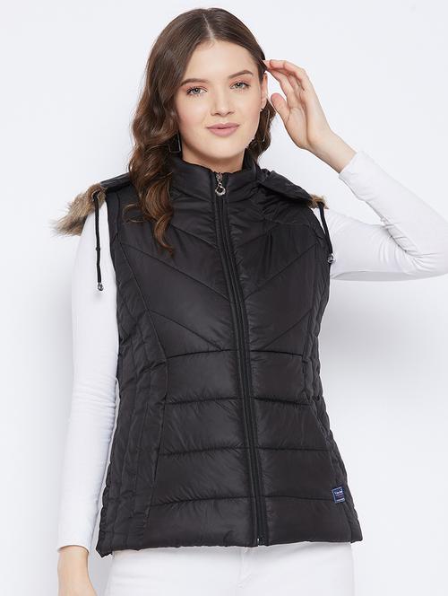 women plain hood neck & sleeveless quilted jacket - 21640855 - Very Small Image - 1