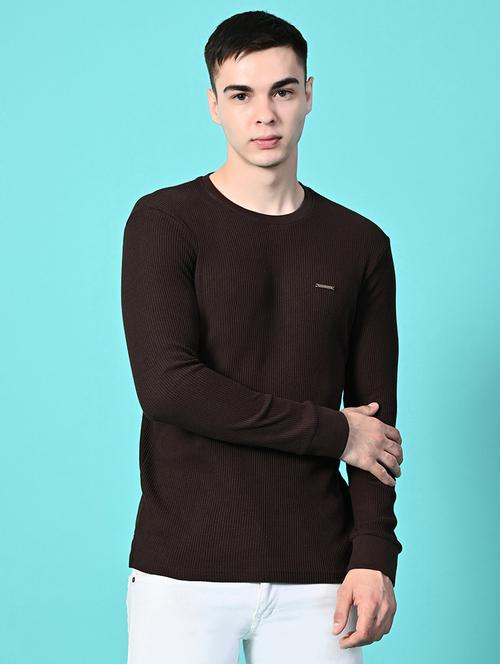 men coffee brown regular fit knitted t-shirt - 21641052 - Very Small Image - 1