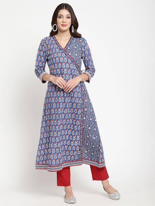 women blue printed three quarter sleeve anarkali kurta - 21642020 - Very Small Image - 1