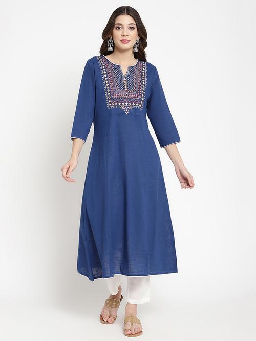 women blue embroidered three quarter sleeve a-line kurta - 21642024 - Very Small Image - 1